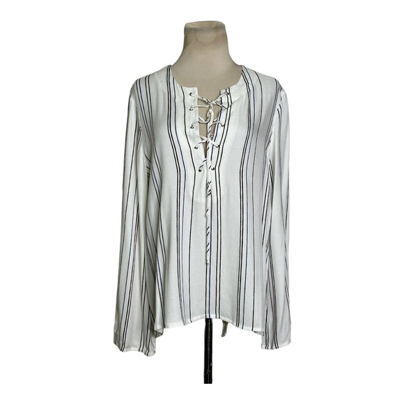 WAYF Cream with Brown Blue Stripes Long Sleeves Lace Up Tunic size Small - Picture 9 of 9